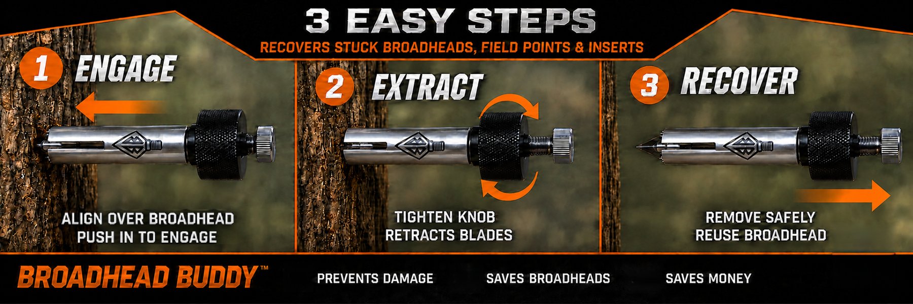 Three easy steps to engage, extract, and recover with Broadhead Buddy